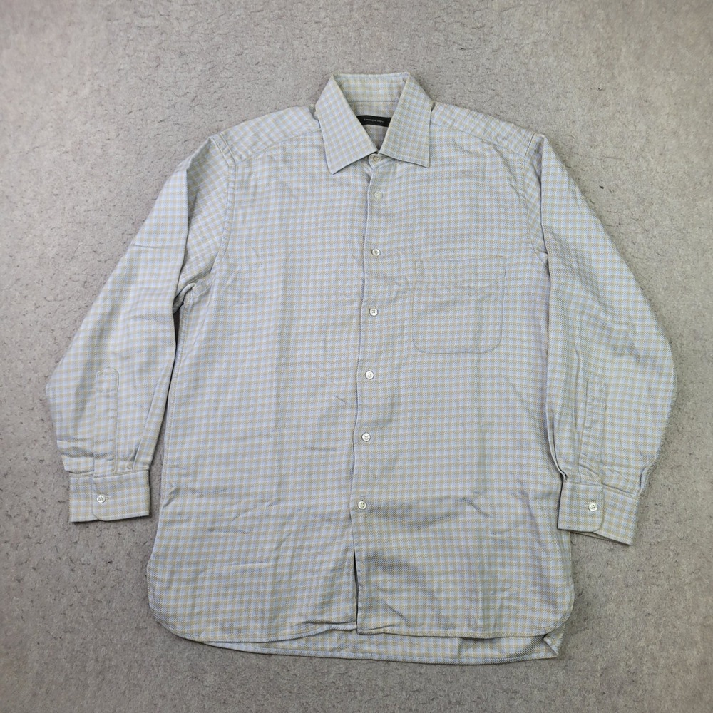 Ermenegildo Zegna Dress Shirt Mens Large Tan Plaid Long‎ Sleeve Button Up